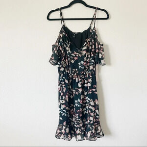 Aqua Navy Blue Floral Cold Shoulder Mini Dress S